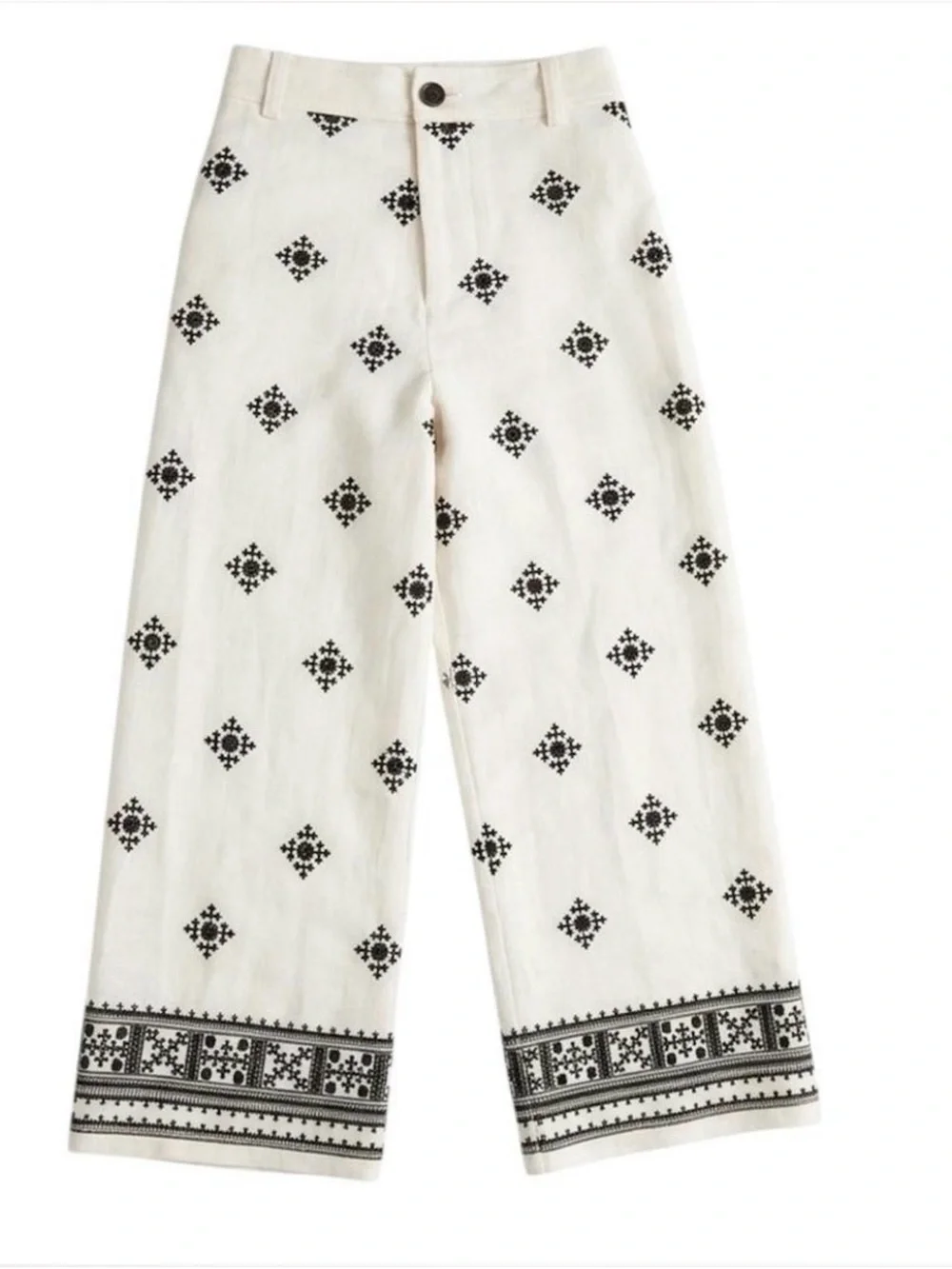 Zara • High-Waist Geometric Print Linen-Blend Cropped Wide-Leg Pants XL